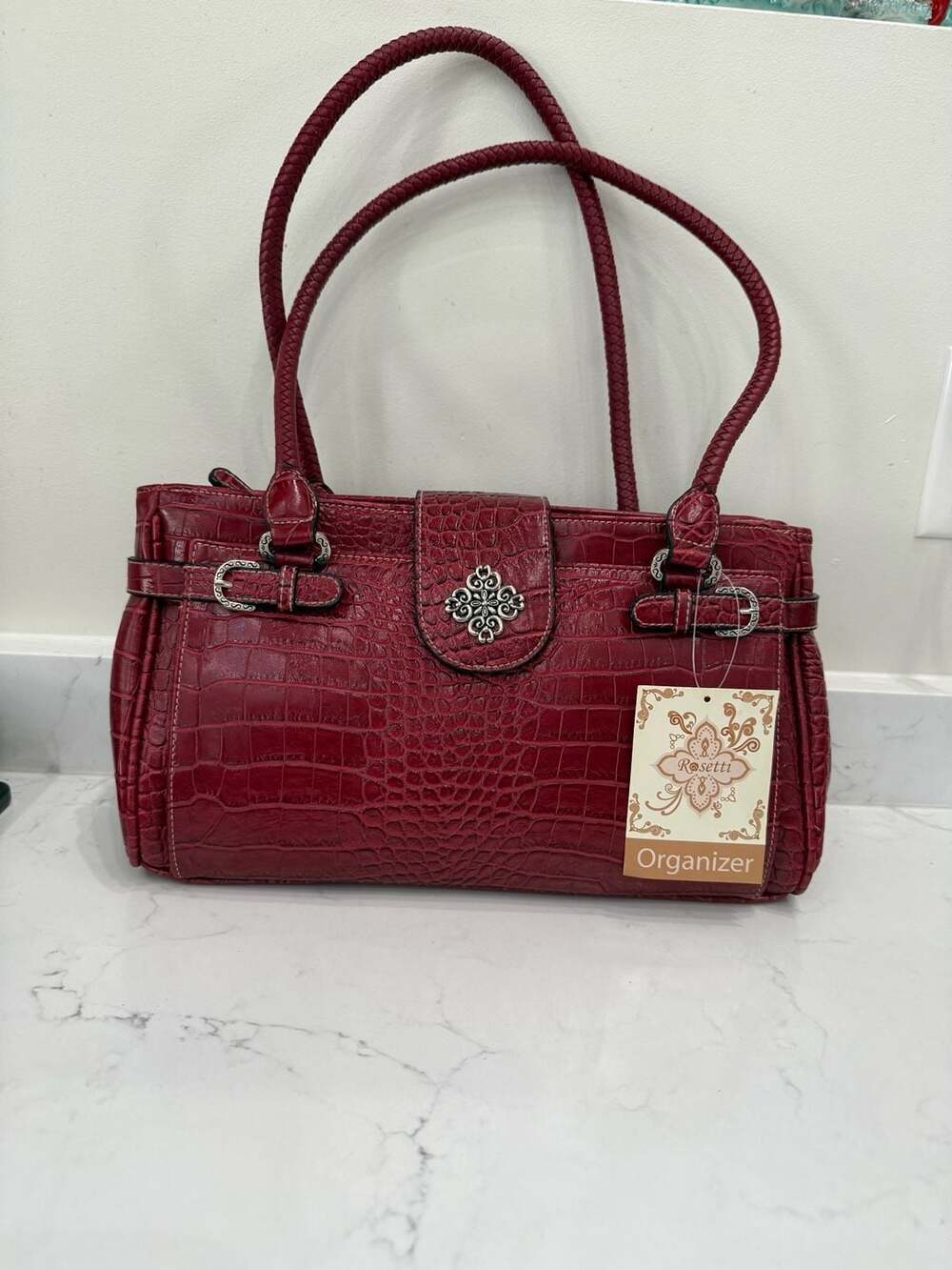 Rosetti Red Faux Crocodile Embossed Organizer Shoulder Bag with Braided Straps